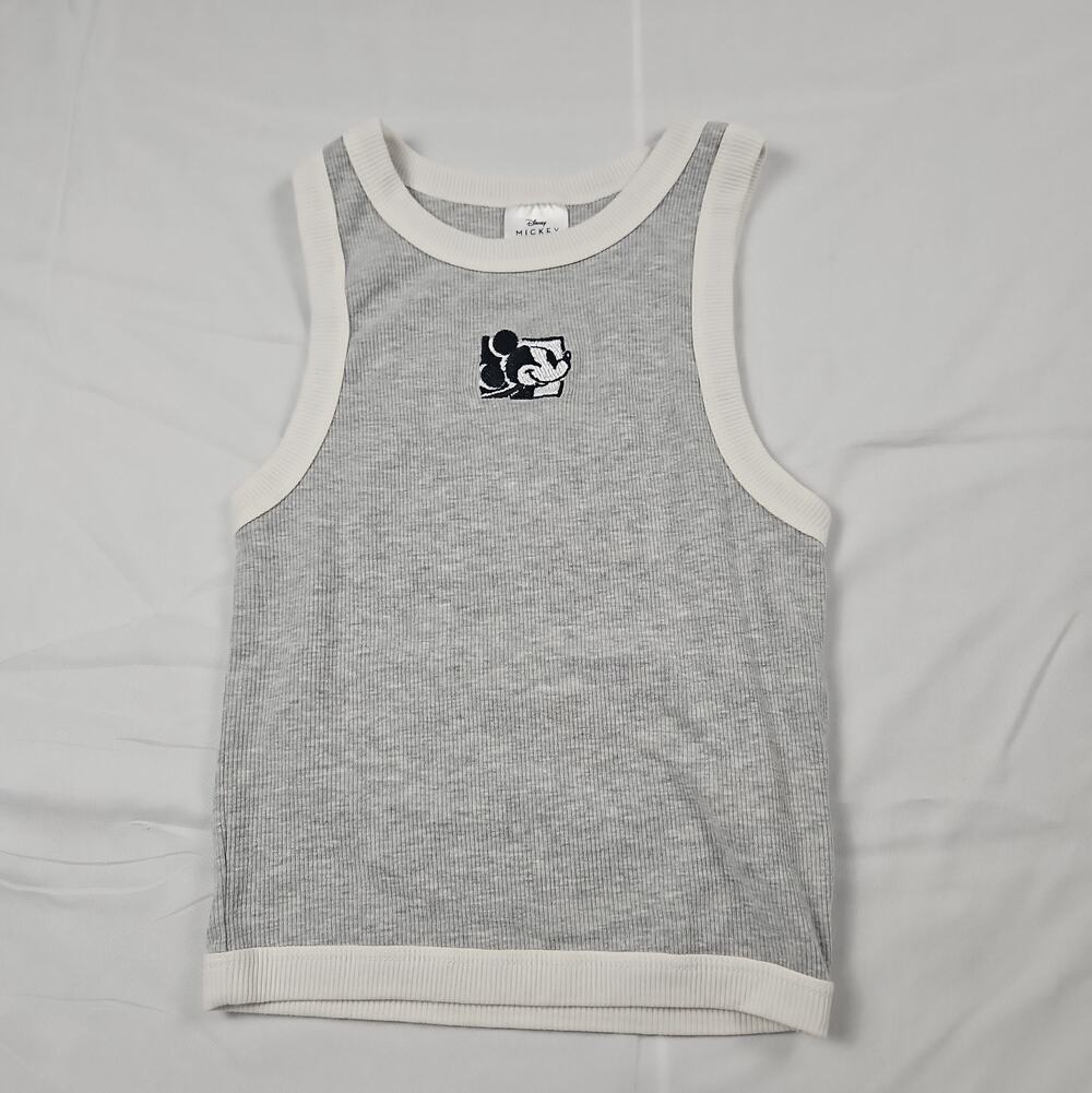 Mickey Mouse Ribbed Tank Top Gray Sleeveless White Trim Disney Graphic XS